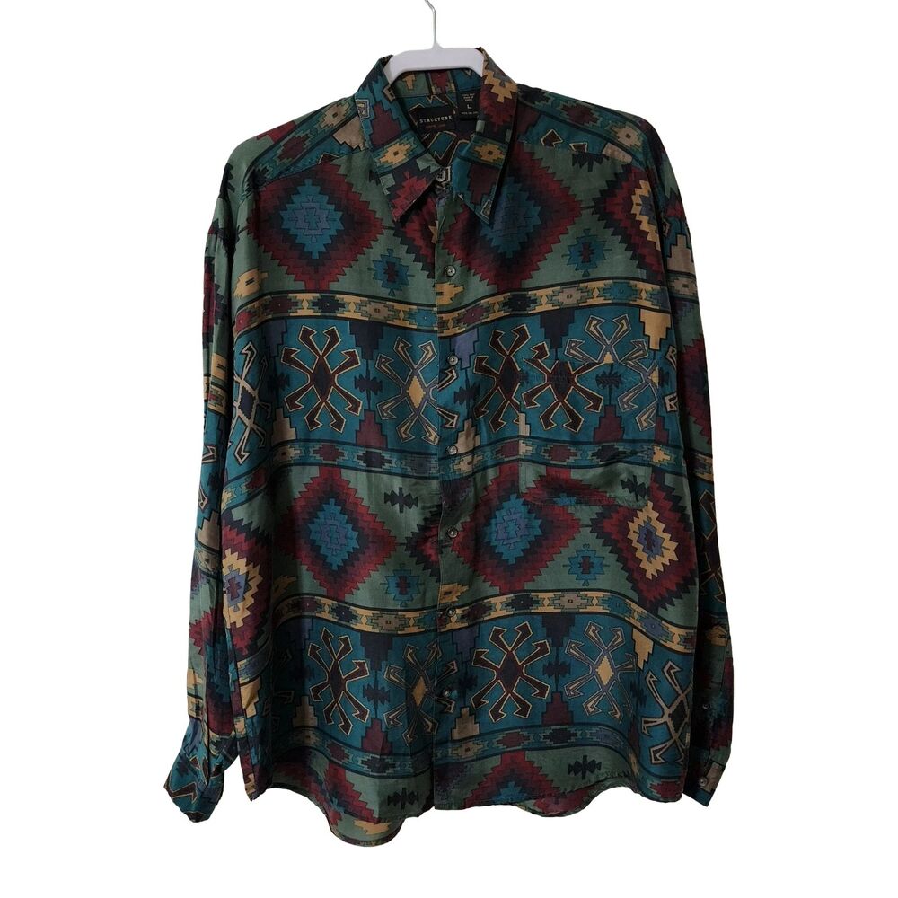 Structure Mens 100% Silk Shirt Aztec Print Multicolor Long Sleeve Button Size L